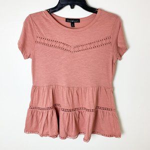 NWOT Derek Heart short sleeve rose pink open crochet detail peplum top small